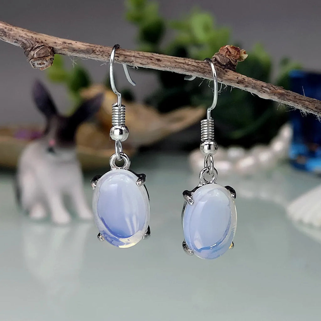 Opal earrings with cross pendant in moonlight white colour, retro moonstone style with drop shape