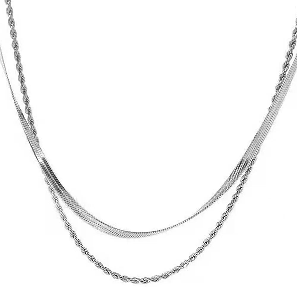 Women's retro geometric necklace with double-layer twist design and snake bones chain, adjustable 21-50cm length