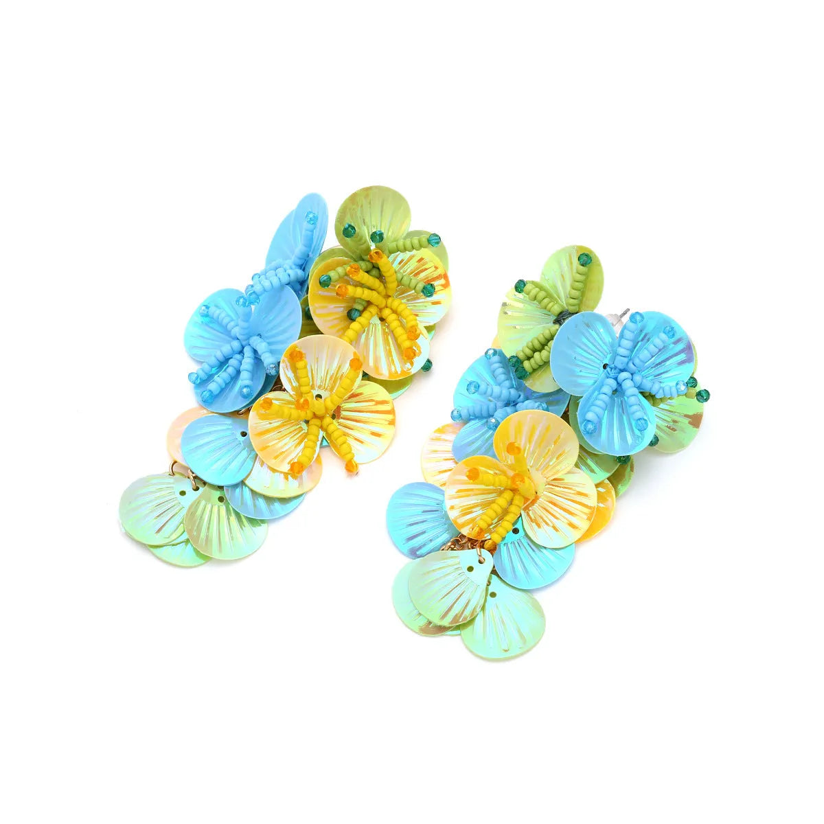Handmade exaggerated dopamine string bead flower earrings with mixed material floral designs in colourful option