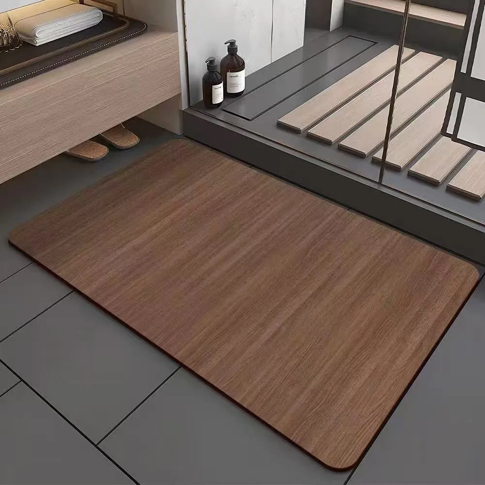 Square diatom ooze floor mat with wood grain pattern for non-slip bathroom use