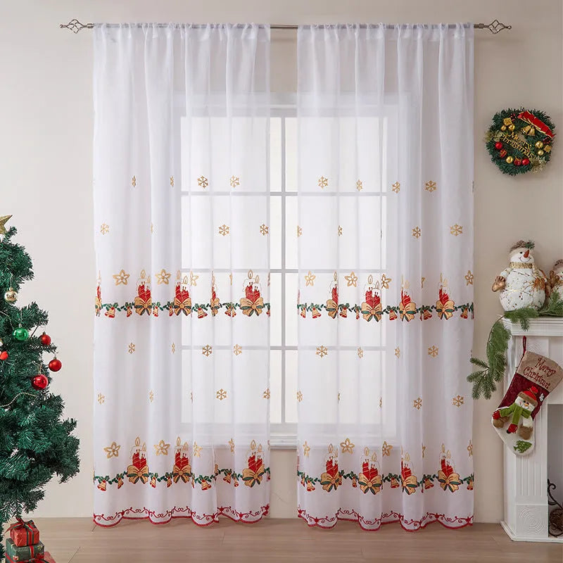 American style Christmas curtains with white snowflake embroidery on red background