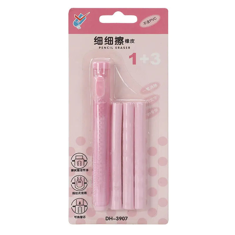 Children's push-type automatic eraser in blue, green, pink, and purple colours measuring 12 by 8 centimetres