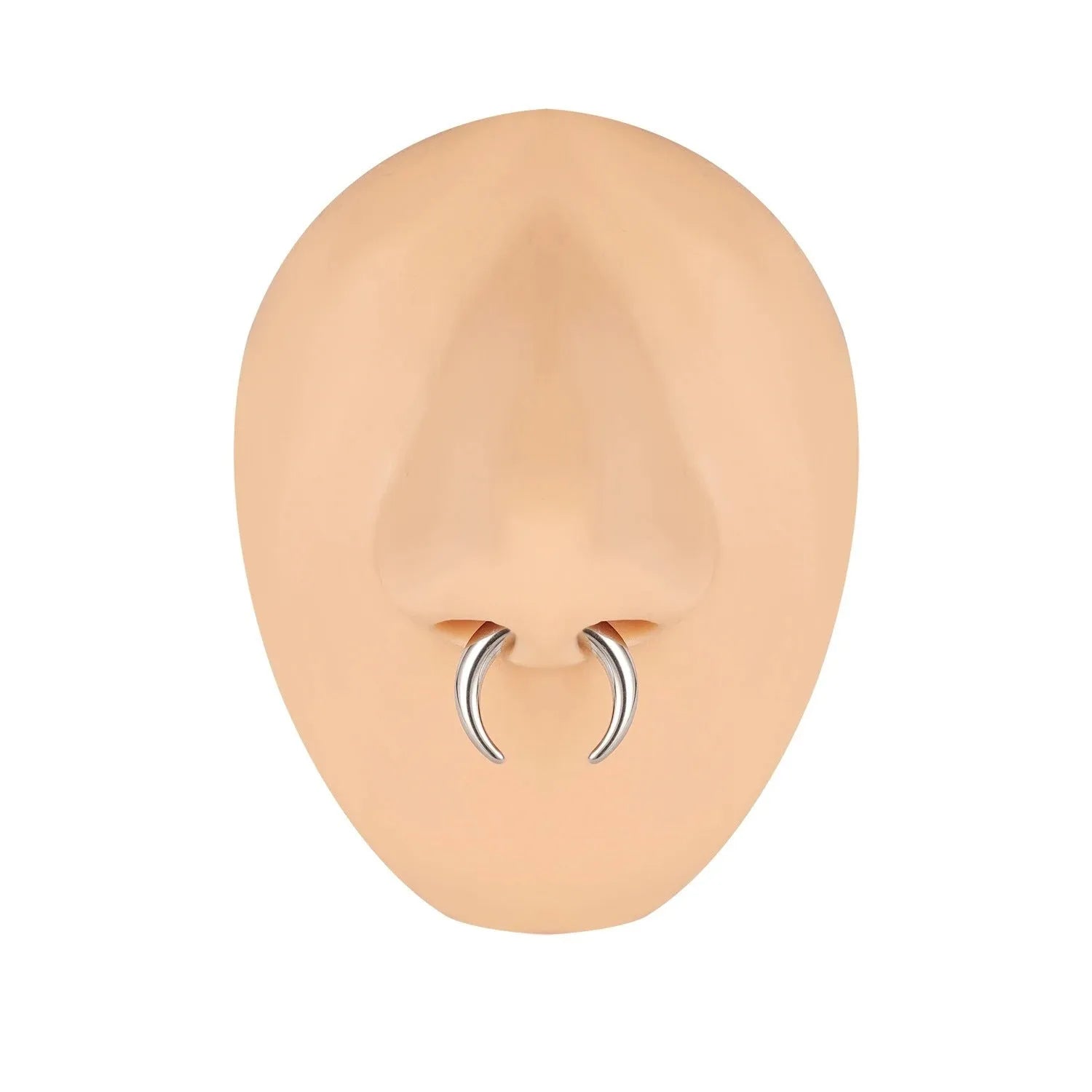 A black and steel coloured C-shaped geometric nose ring made from titanium steel and buffalo horn.