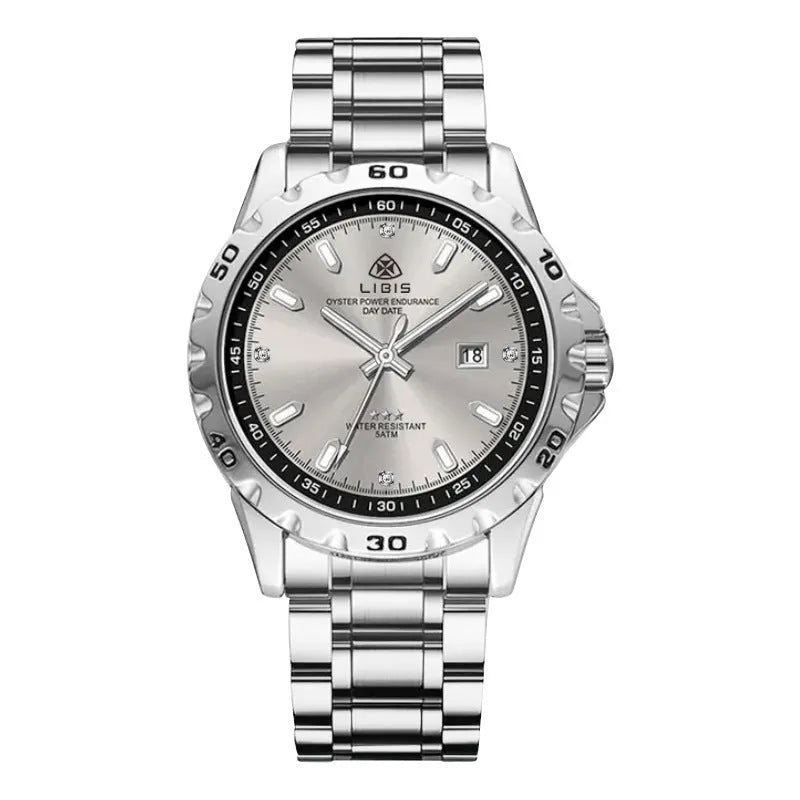 Men's silver quartz watch with luminous hands, stainless steel strap and sapphire crystal glass