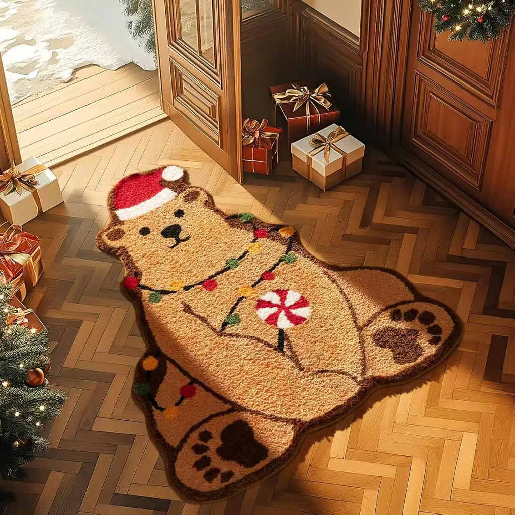 Square Christmas-themed hallway mat with non-slip backing on a wooden floor.