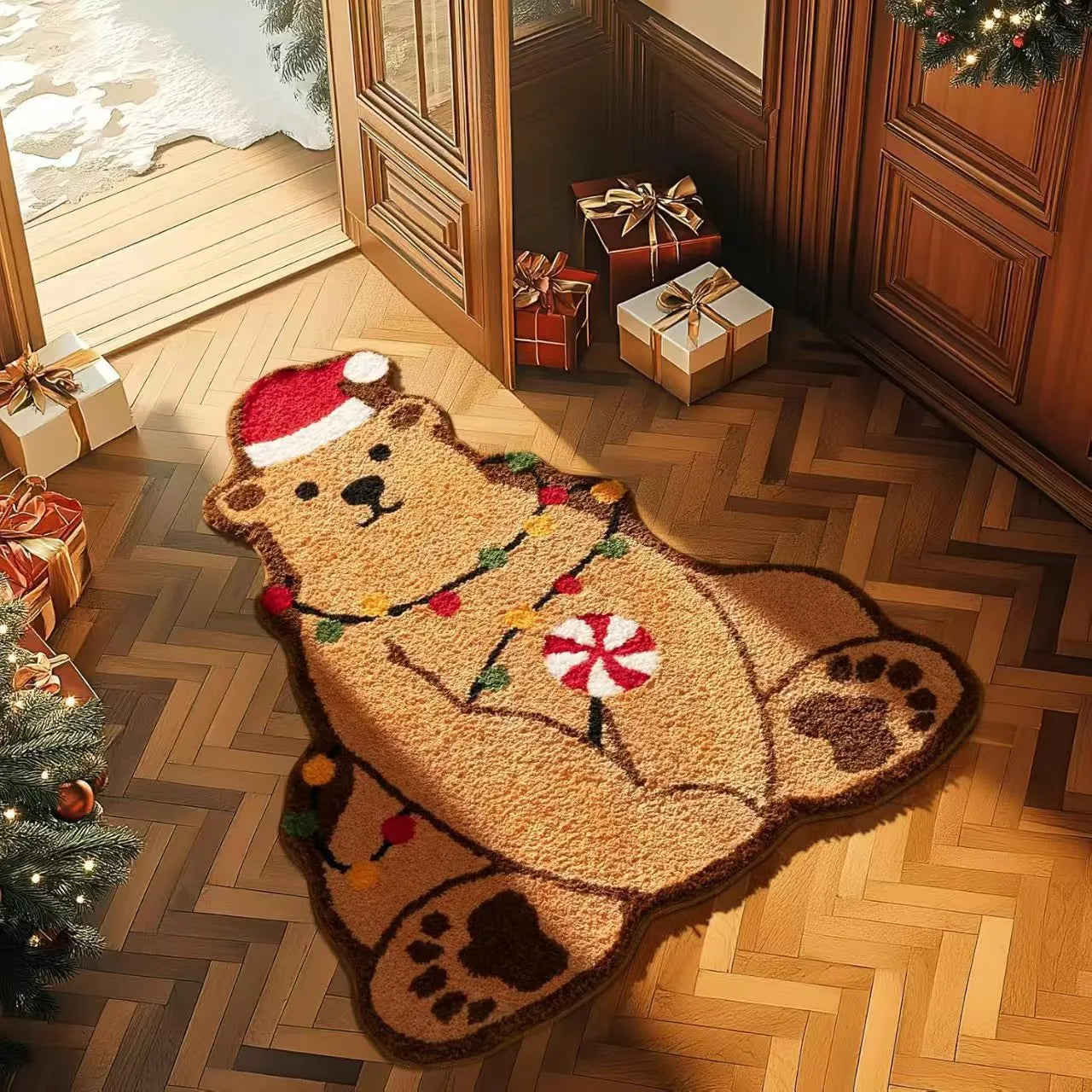 Square Christmas-themed hallway mat with non-slip backing on a wooden floor.