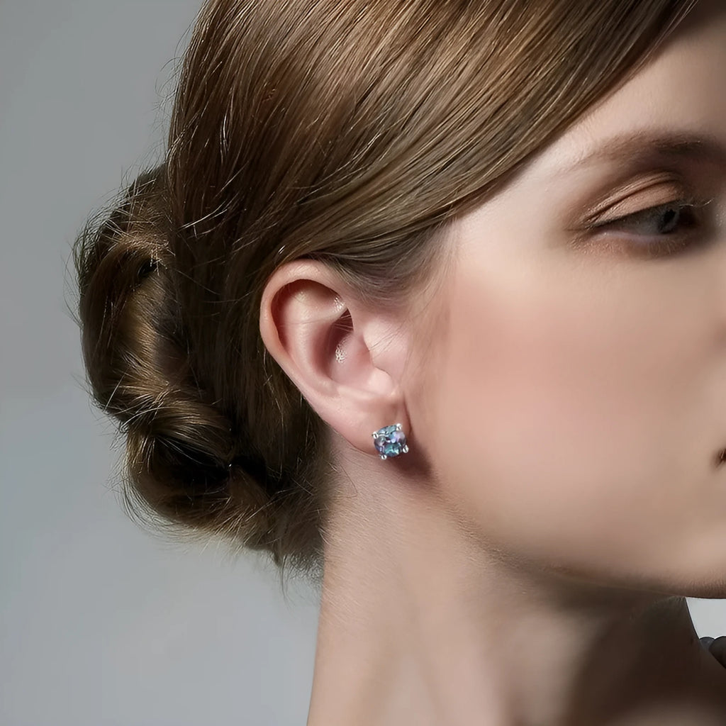 Silver geometric ear studs with round design in cultivate Alexandrite colour for women