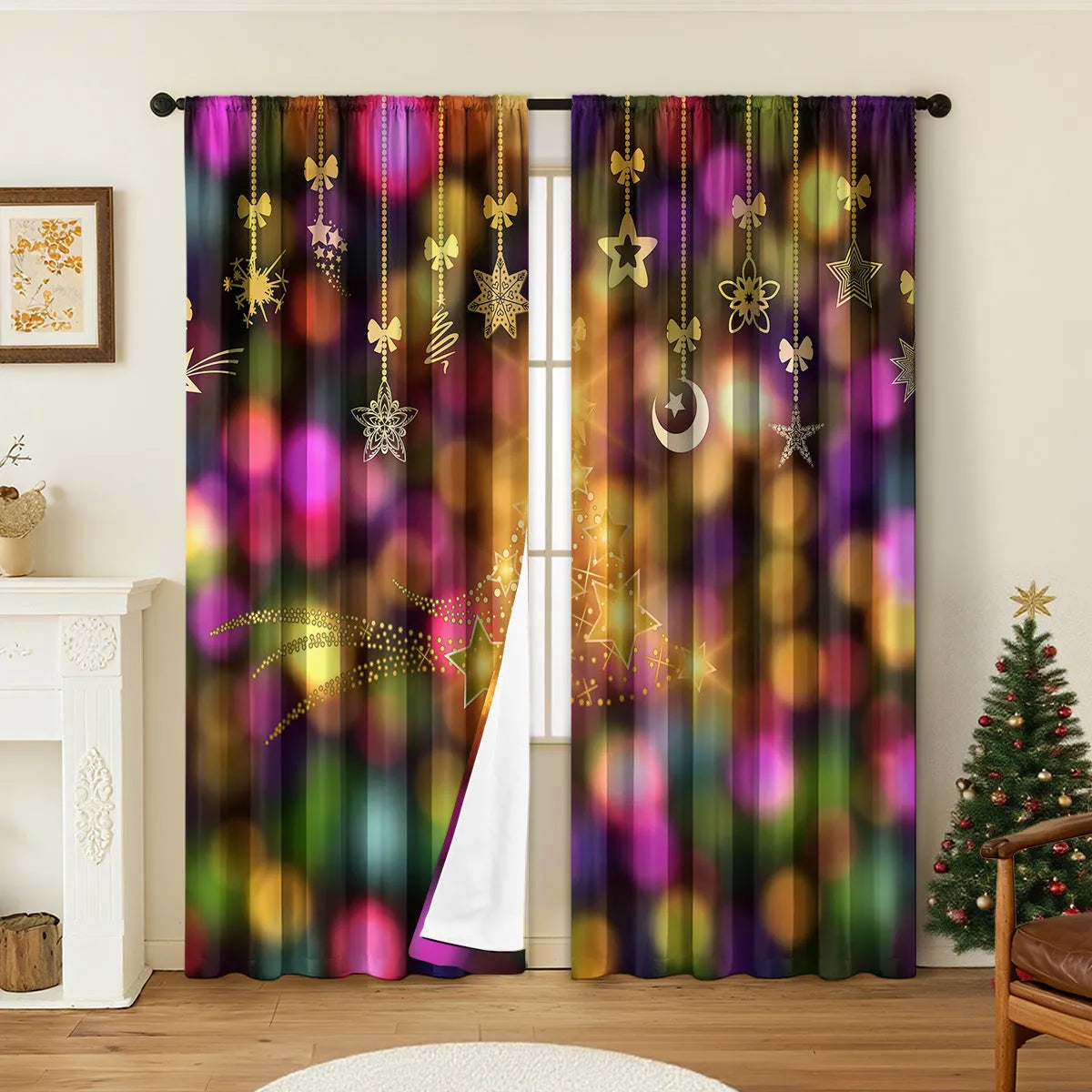 Pair of 3D digital printed Christmas curtains in polyester with European festive patterns hanging at window