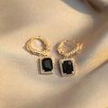 Geometric quadrilateral copper earrings with black zircon setting in French court retro style