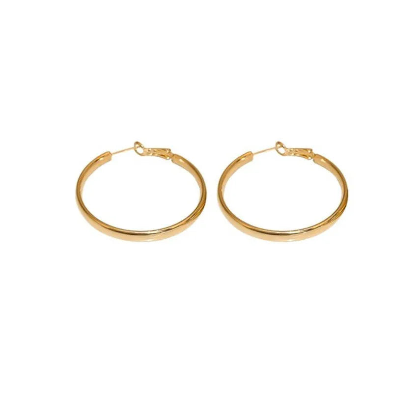 Large 40mm circular metal hoop earrings in gold or silver electroplated finish