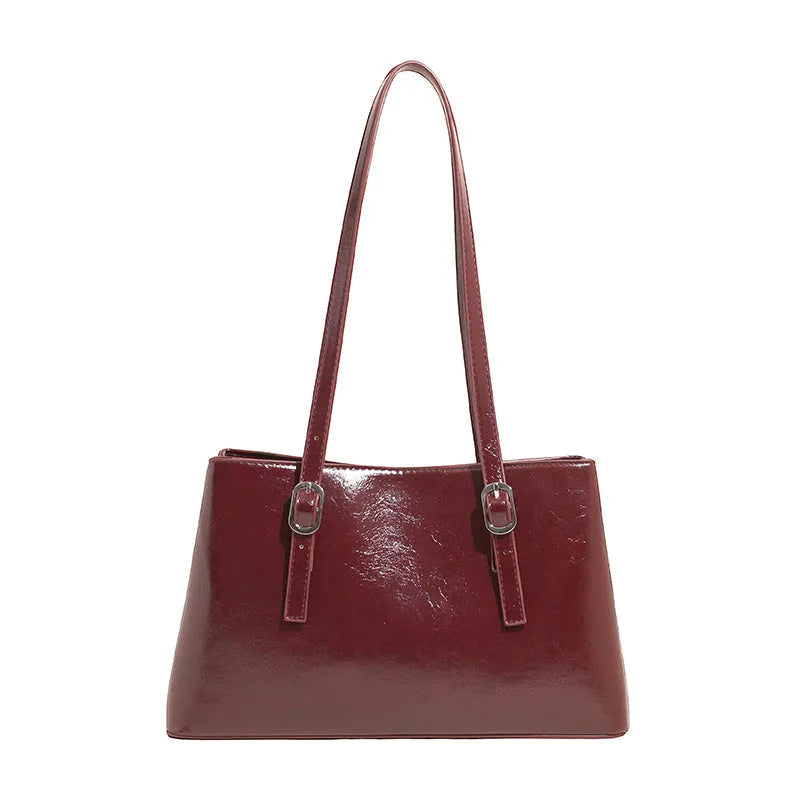 Fashion retro underarm shoulder bag in brown PU with sewing line detail, horizontal square shape