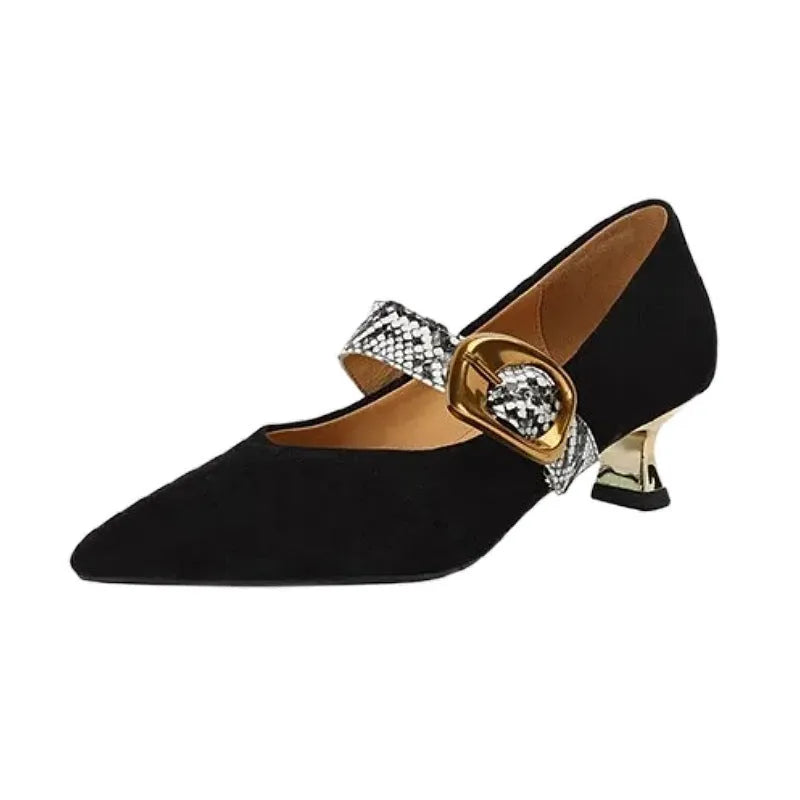 Black pointed toe women's stiletto heels with a buckle fastener on the side.