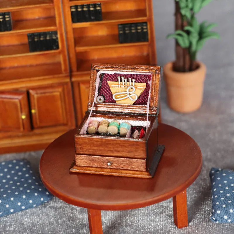 European style birch wood miniature sewing kit ornament measuring 2.2cm