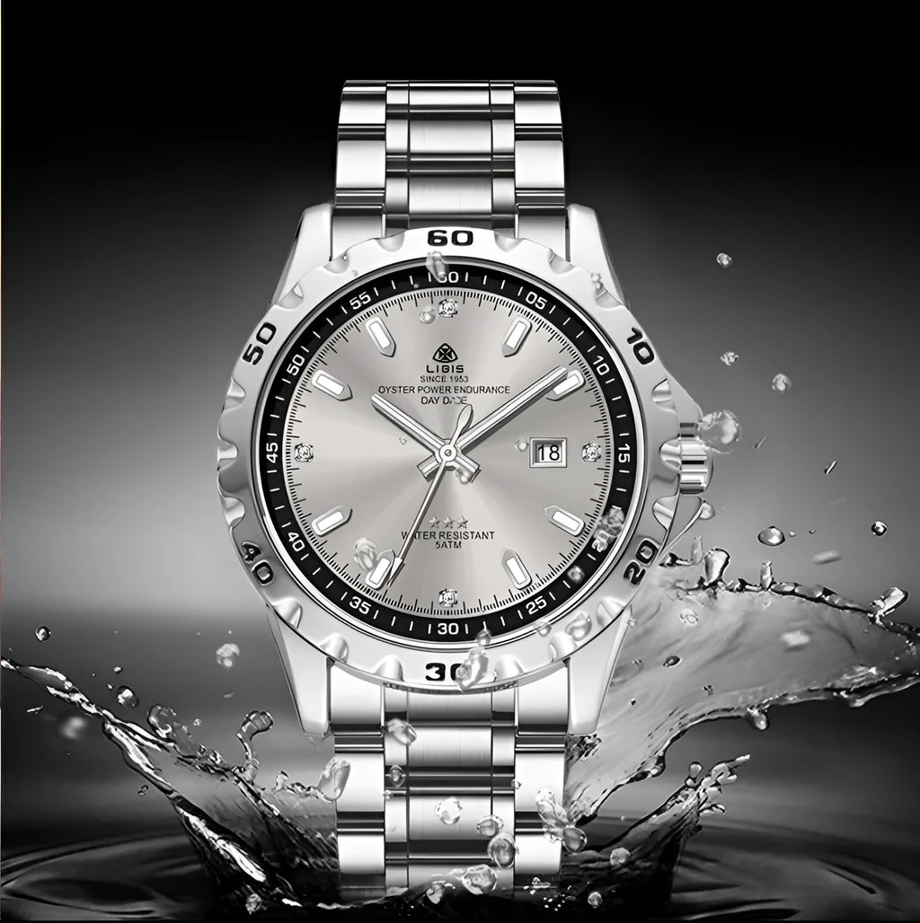 Men's silver quartz watch with luminous hands, stainless steel strap and sapphire crystal glass