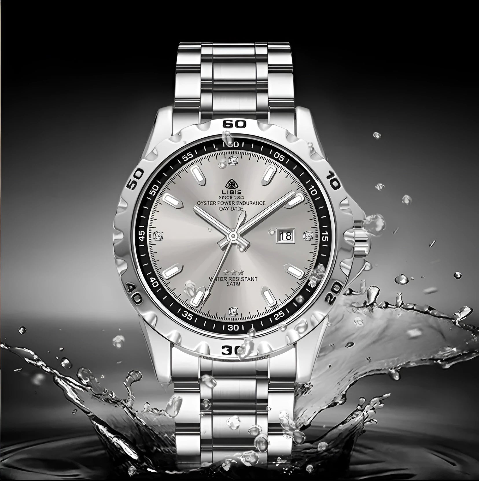 Men's silver quartz watch with luminous hands, stainless steel strap and sapphire crystal glass