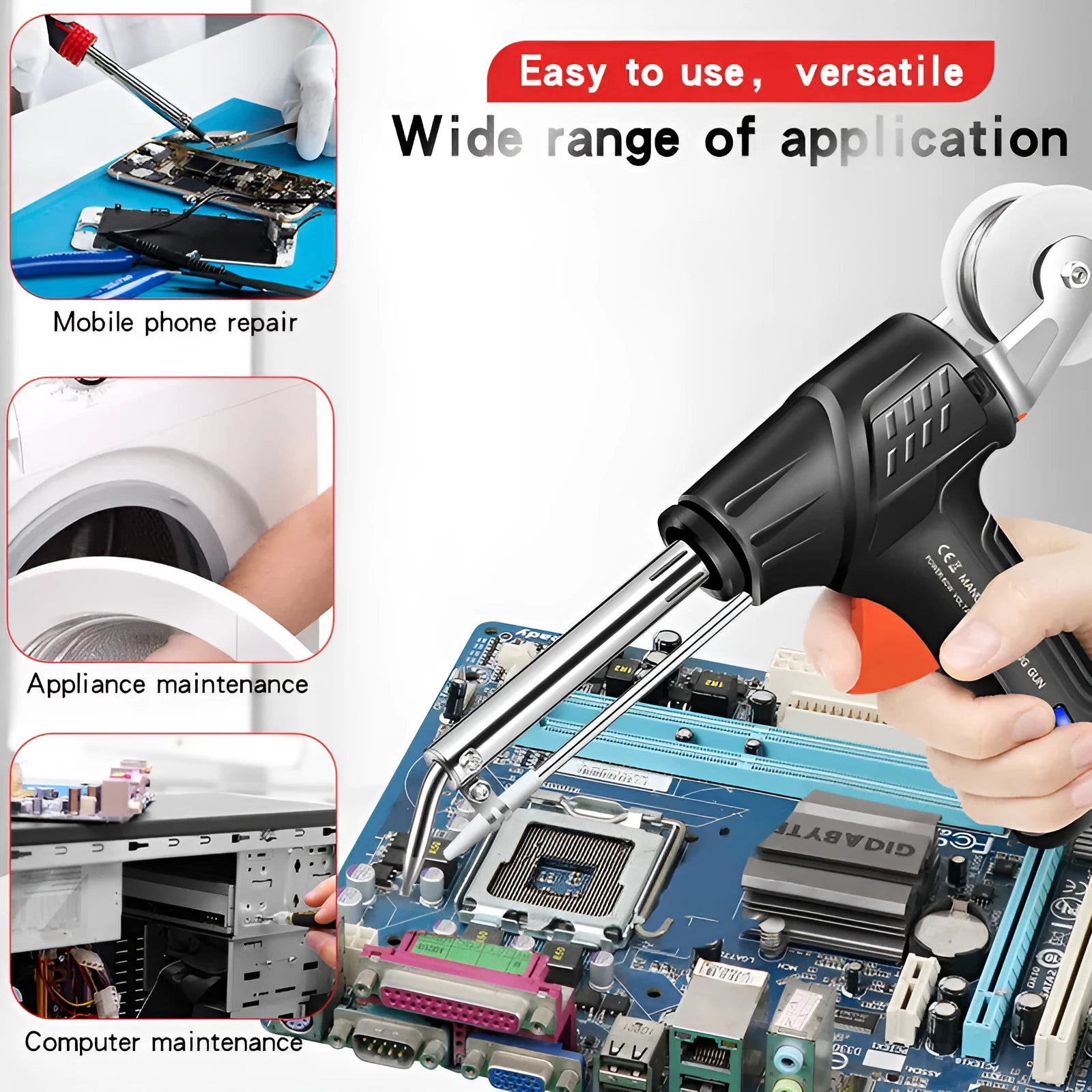G102 black alloy soldering gun with built-in light, 205 × 170mm dimensions