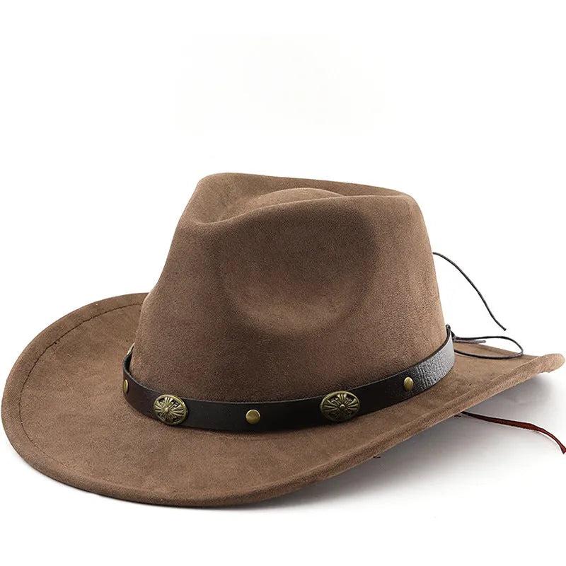 Brown leather velvet Western cowboy hat with a curved edge brim and conical crown.