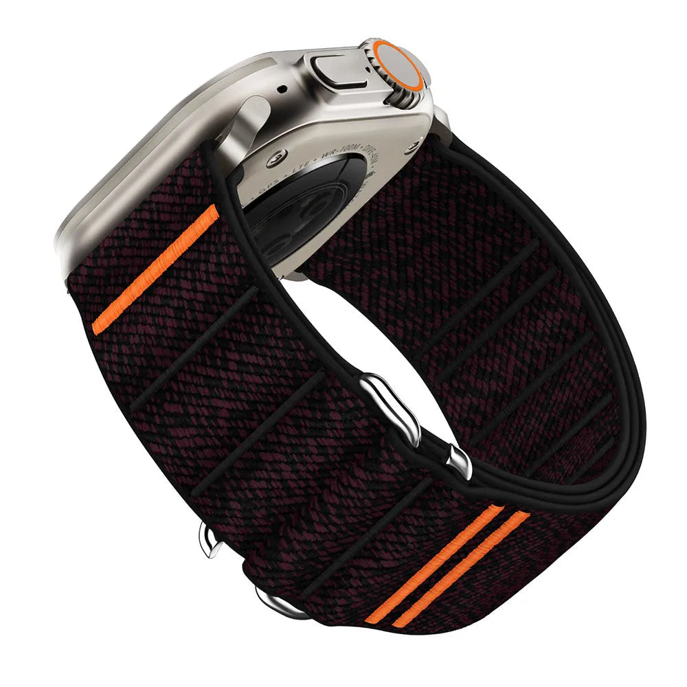 Elastic nylon Apple Watch band with stainless steel buckle shown in Army Green colour.
