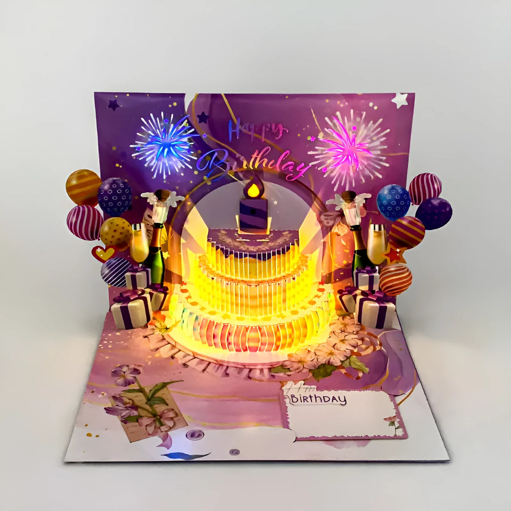3D folded paper cake greeting card in Chinese ink style with light music theme.