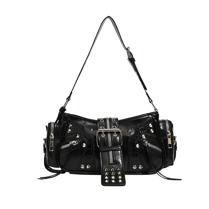 Black oil wax leather retro handbag with multiple compartments and dumpling-shaped design