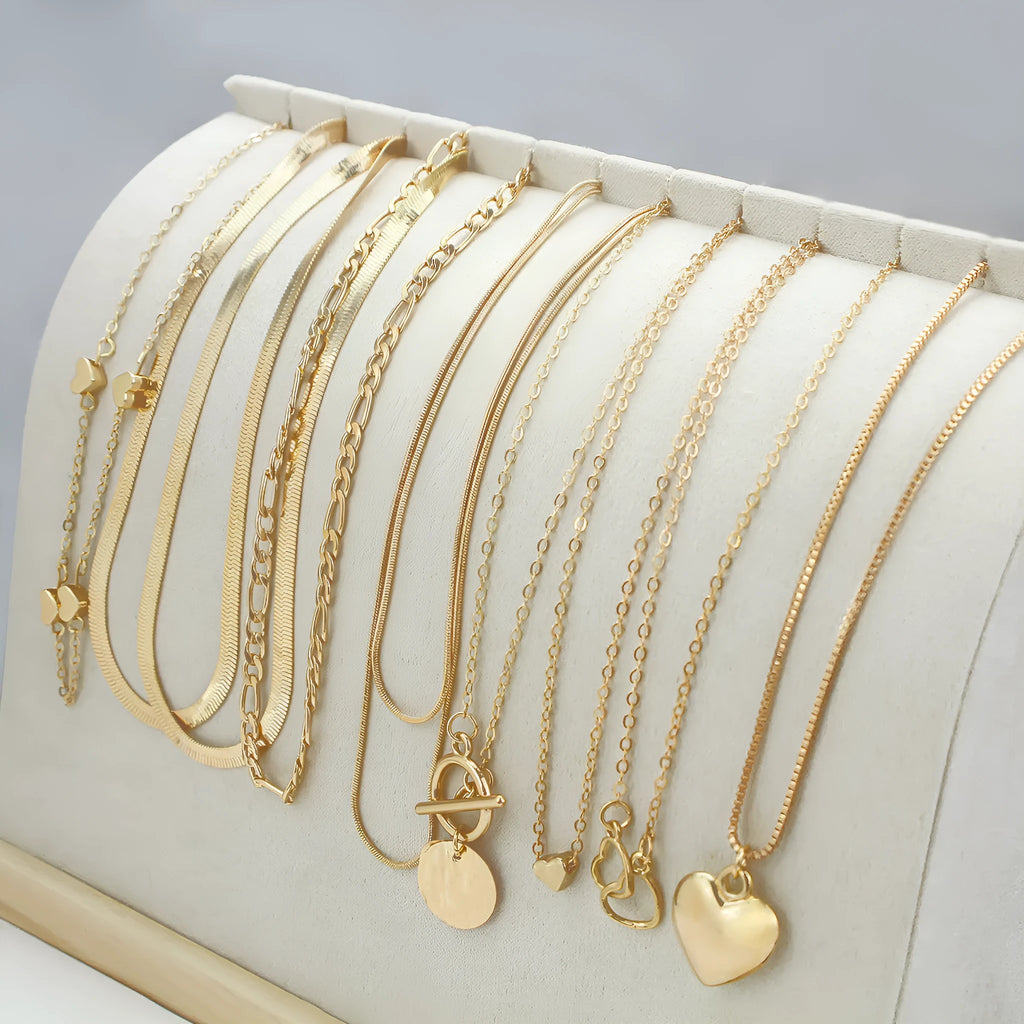 Gold electroplated women's necklace set with snake bones chain and adjustable length jewellery