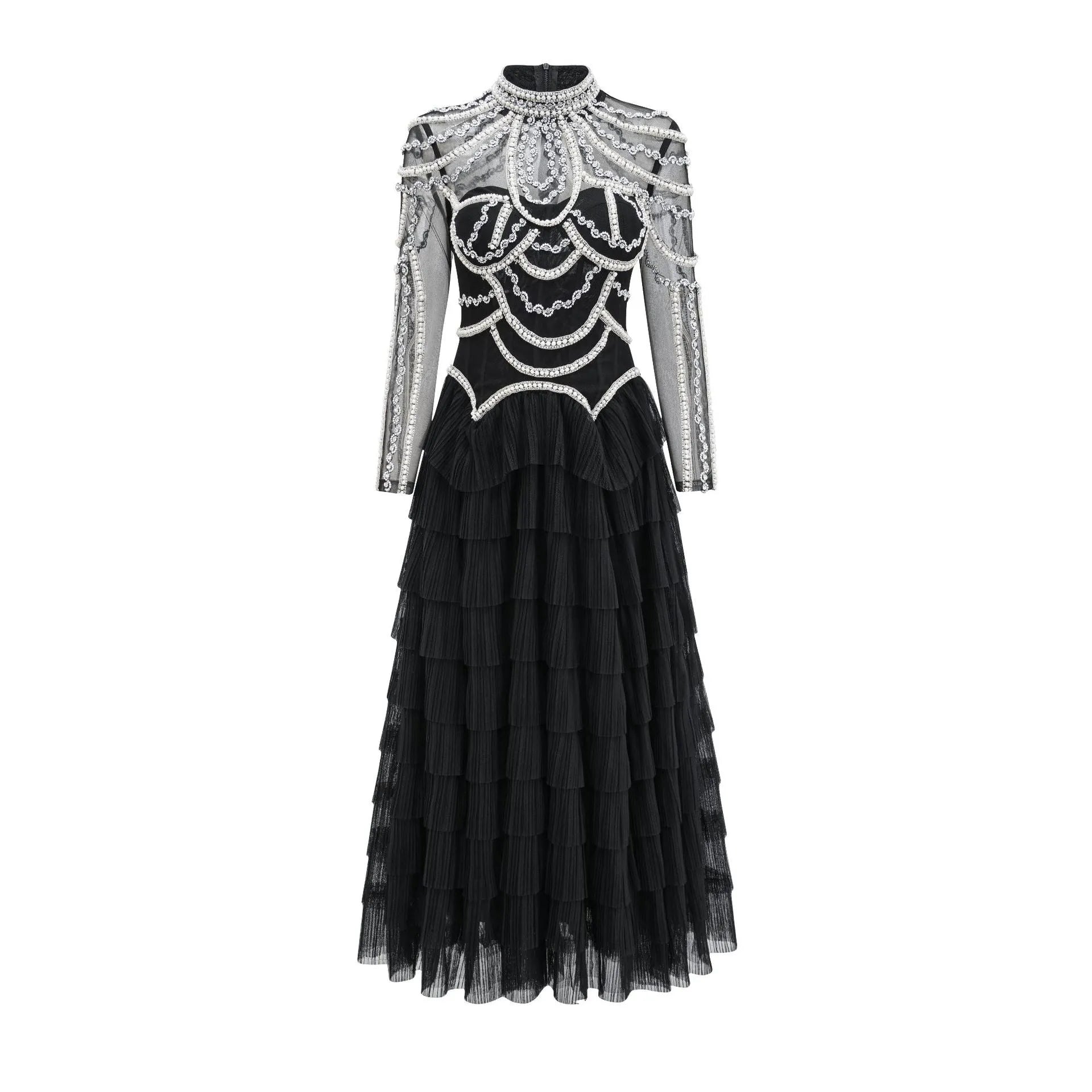 Black long sleeve women's dress with detailed beaded decoration on the bodice.