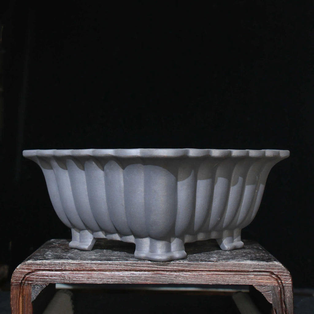 Square ceramic bonsai pot with purple sand glaze finish showing 37cm diameter measurement
