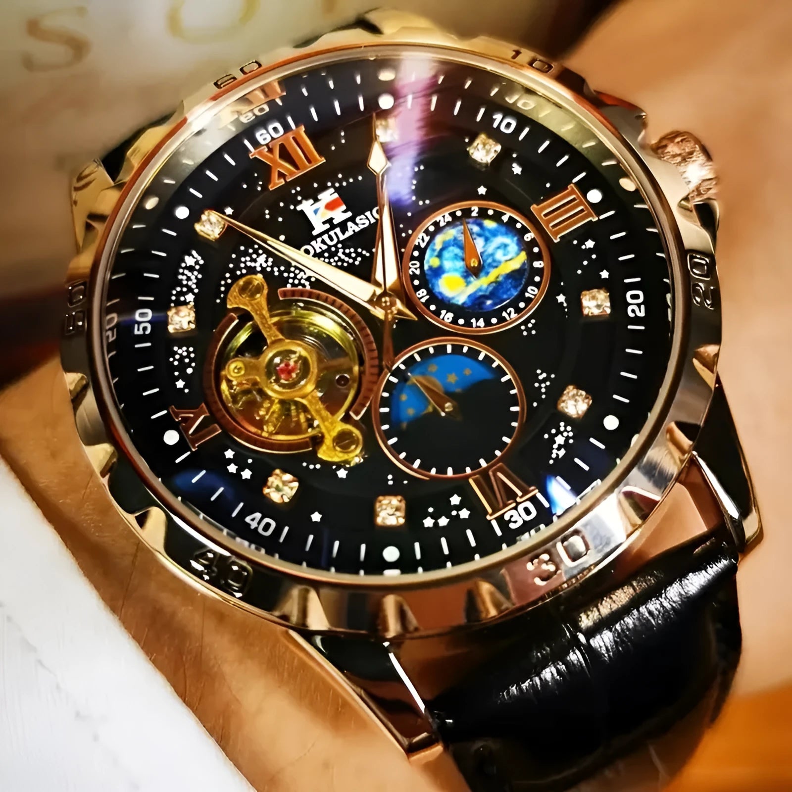 Men's automatic mechanical watch with hollow skeleton dial and rose gold shell casing