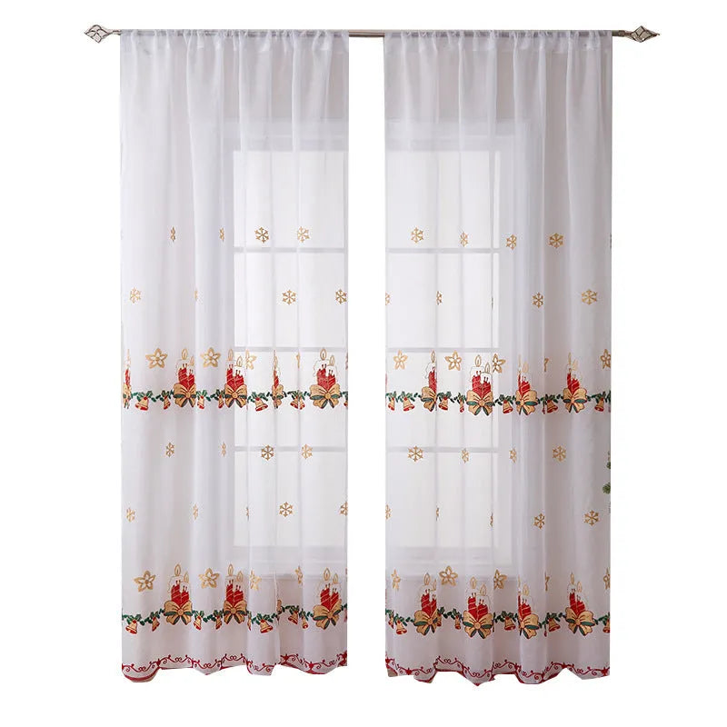 American style Christmas curtains with white snowflake embroidery on red background