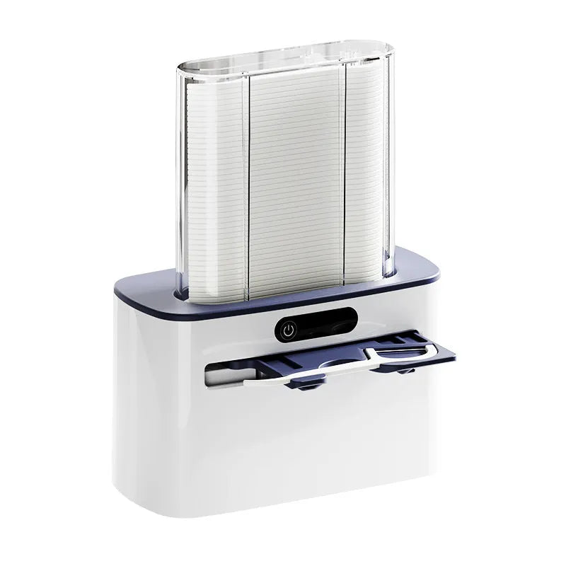 Dark grey automatic electric dental floss box with intelligent induction sensor on a bathroom countertop.