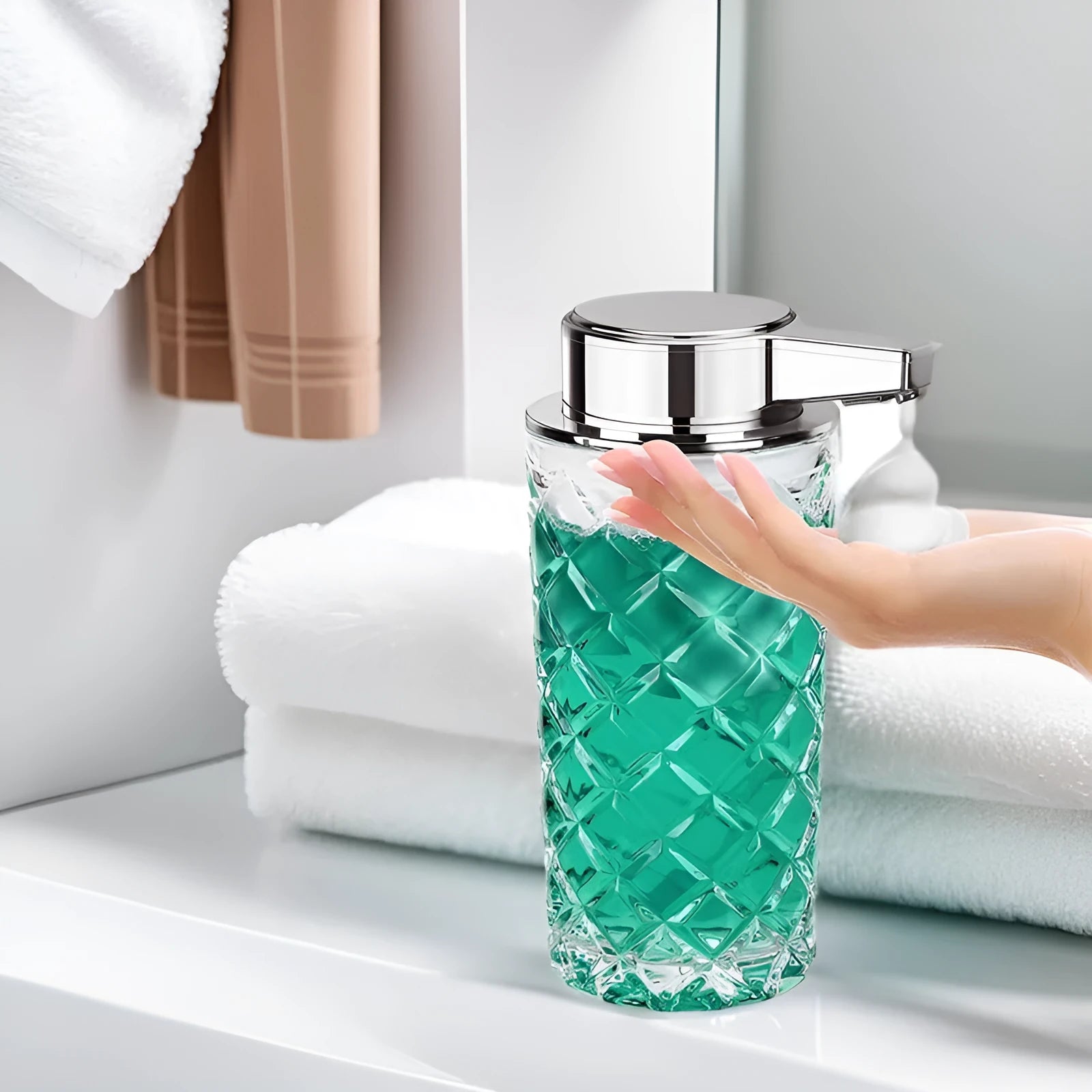 Silver automatic soap dispenser with USB Type-C charging port and sensor activation