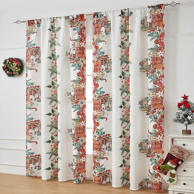 Printed polyester Christmas curtain with red plaid design showing semi-sunshade light filtering