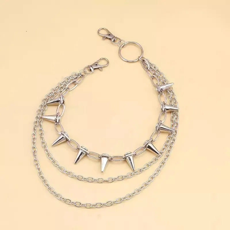 Silver metal trousers chain with double-layer design and rivet detailing measuring 115cm