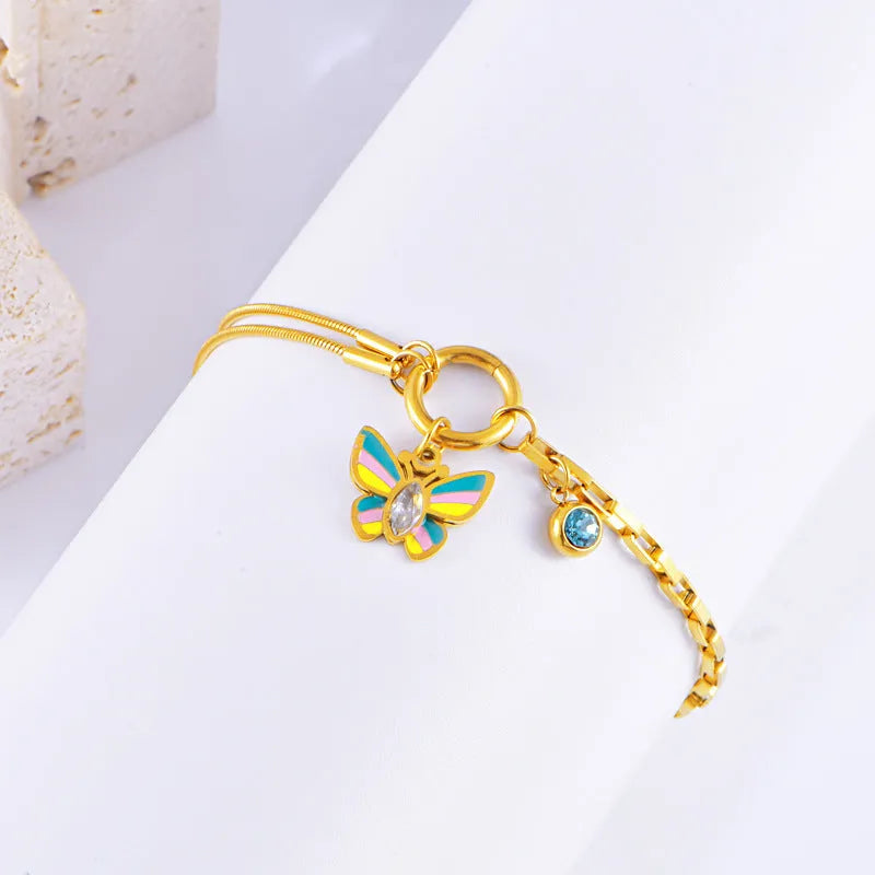 Gold titanium steel necklace and bracelet set with colourful epoxy butterfly pendant on snake bone chain