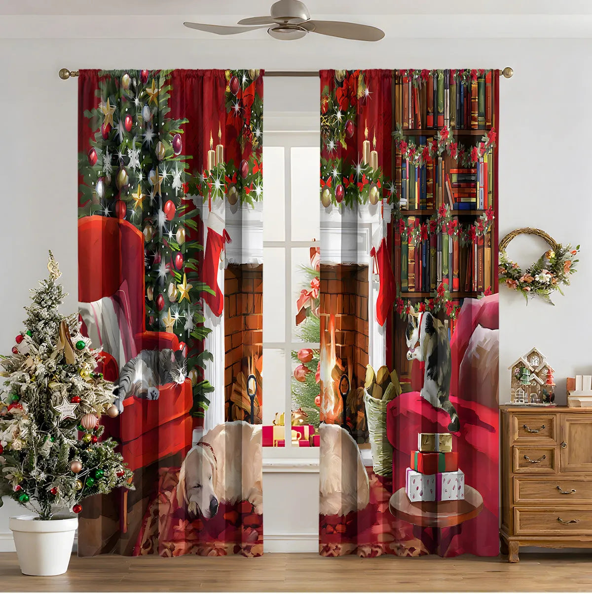 3D digitally printed Christmas curtains in polyester with festive patterns, showing high sunshade function