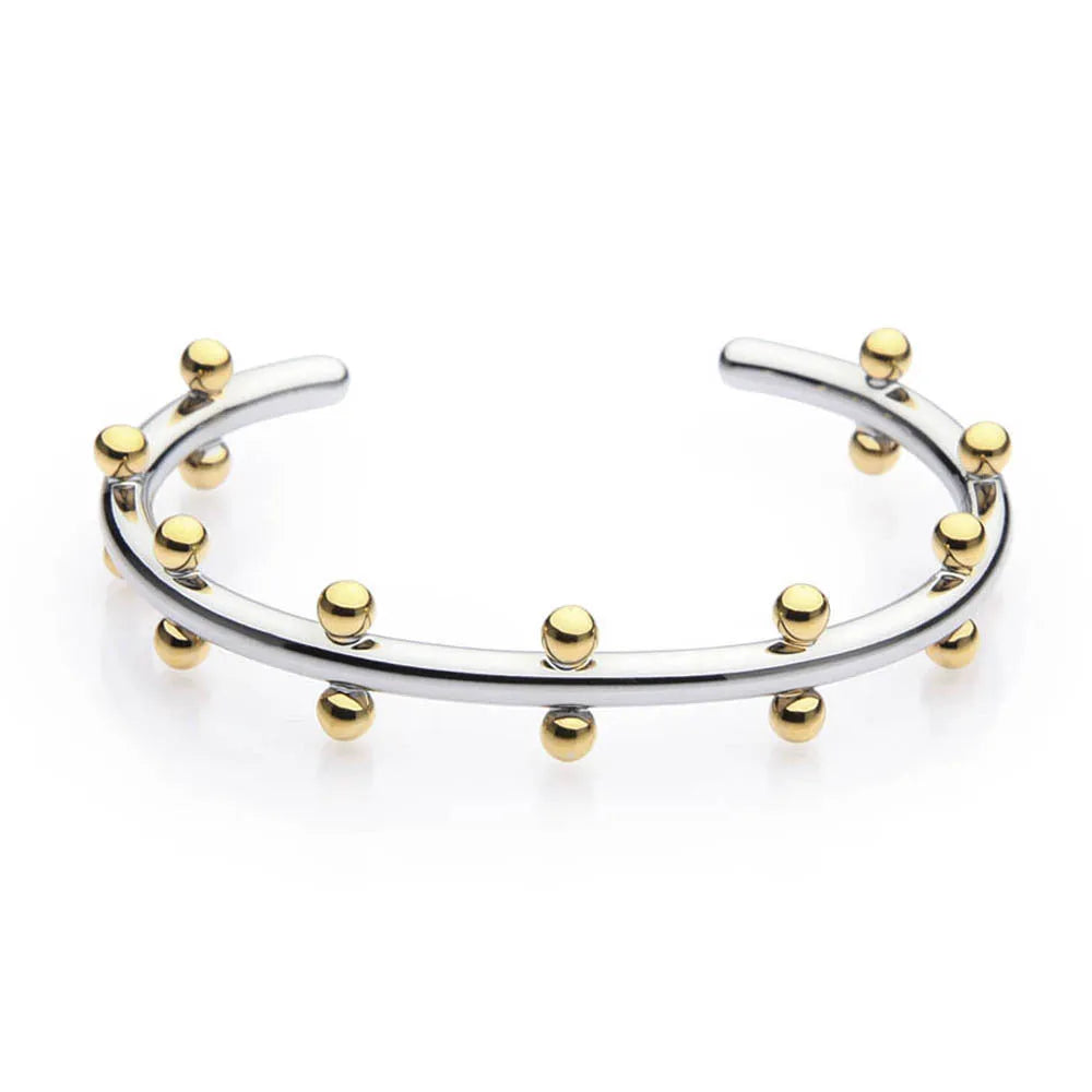 Stainless steel bracelet with textured bean beads and C-shaped adjustable closure
