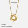 Women's gold geometric sunflower chain necklace and bracelet set on white background