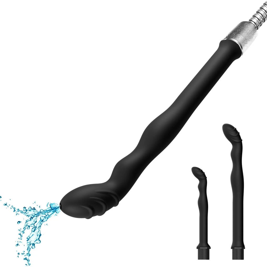 Black silicone hosepipe flusher with enema attachment for pet hygiene and cleaning applications