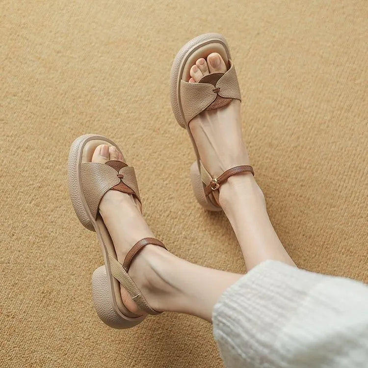 Women's beige chunky heel platform open toe sandals with renewable leather upper