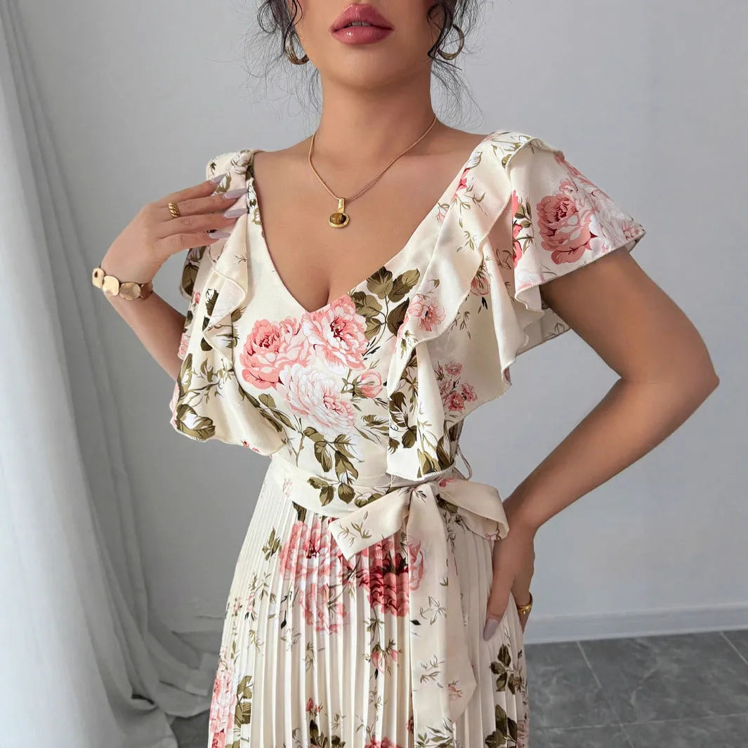 Women's apricot floral print V-neck dress with oversized swing skirt and ruffle sleeves