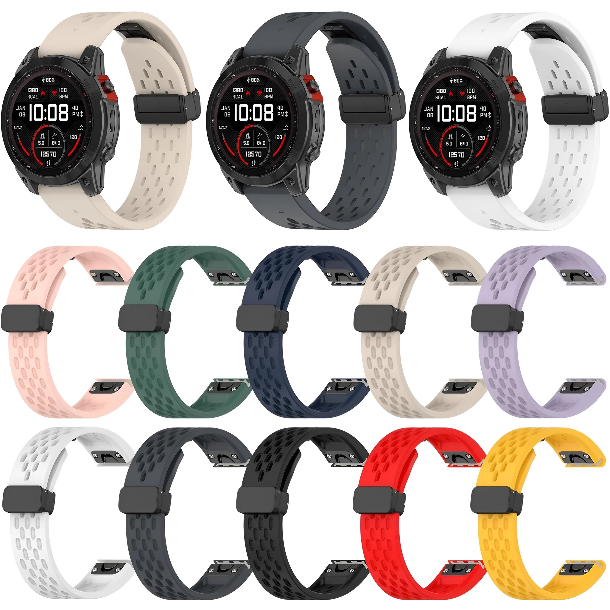 Quick release watch strap for Garmin Fenix 8 and 7 Pro in multiple colour options on a grey background.