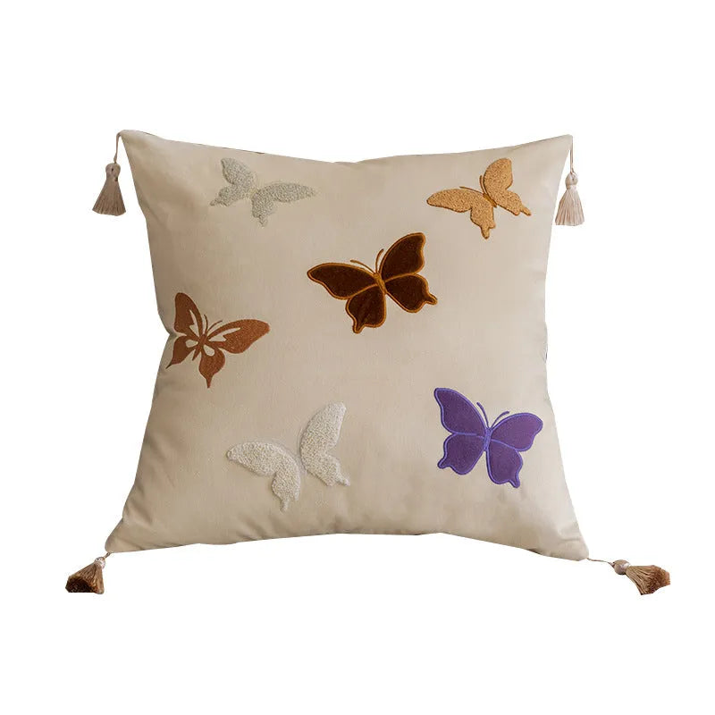 Square butterfly embroidery cushion in beige, black, or purple, 45x45cm.