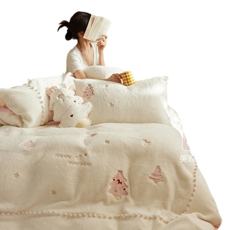 Milk fibre four-piece bedding set with green Christmas tree pattern including sheet, quilt cover and pillowcases