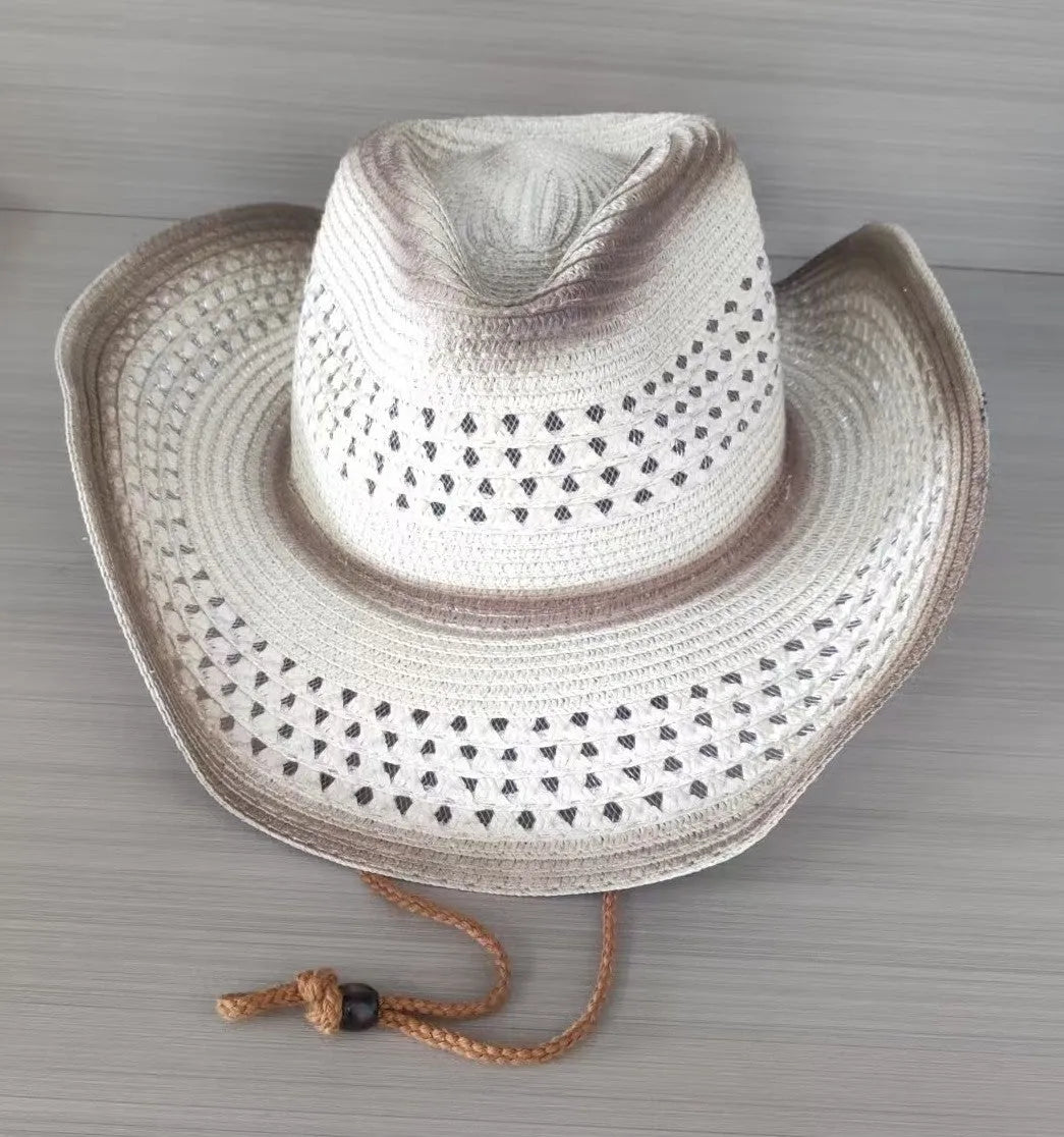 Brown leather velvet Western cowboy hat with a curved edge brim and conical crown.