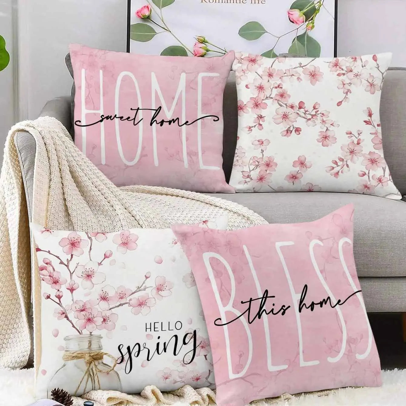 Square short velvet cushion cover with cherry blossom and letter print in four colour options
