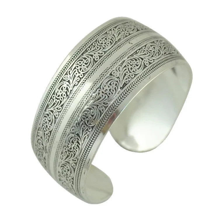 Ethnic style carved open Miao silver bracelet with Roman shape design in alloy