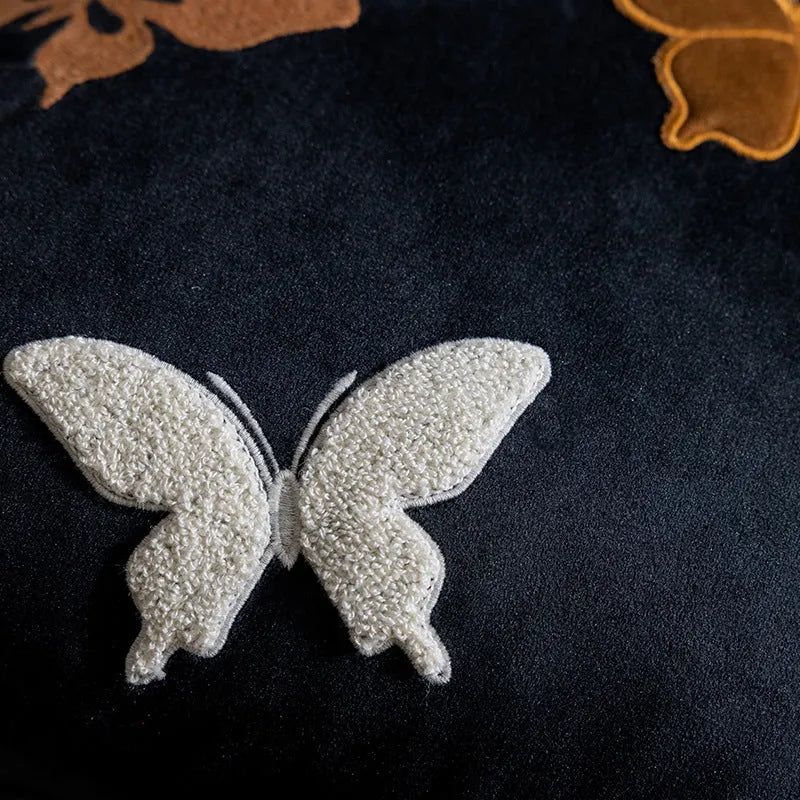 Square butterfly embroidery cushion in beige, black, or purple, 45x45cm.