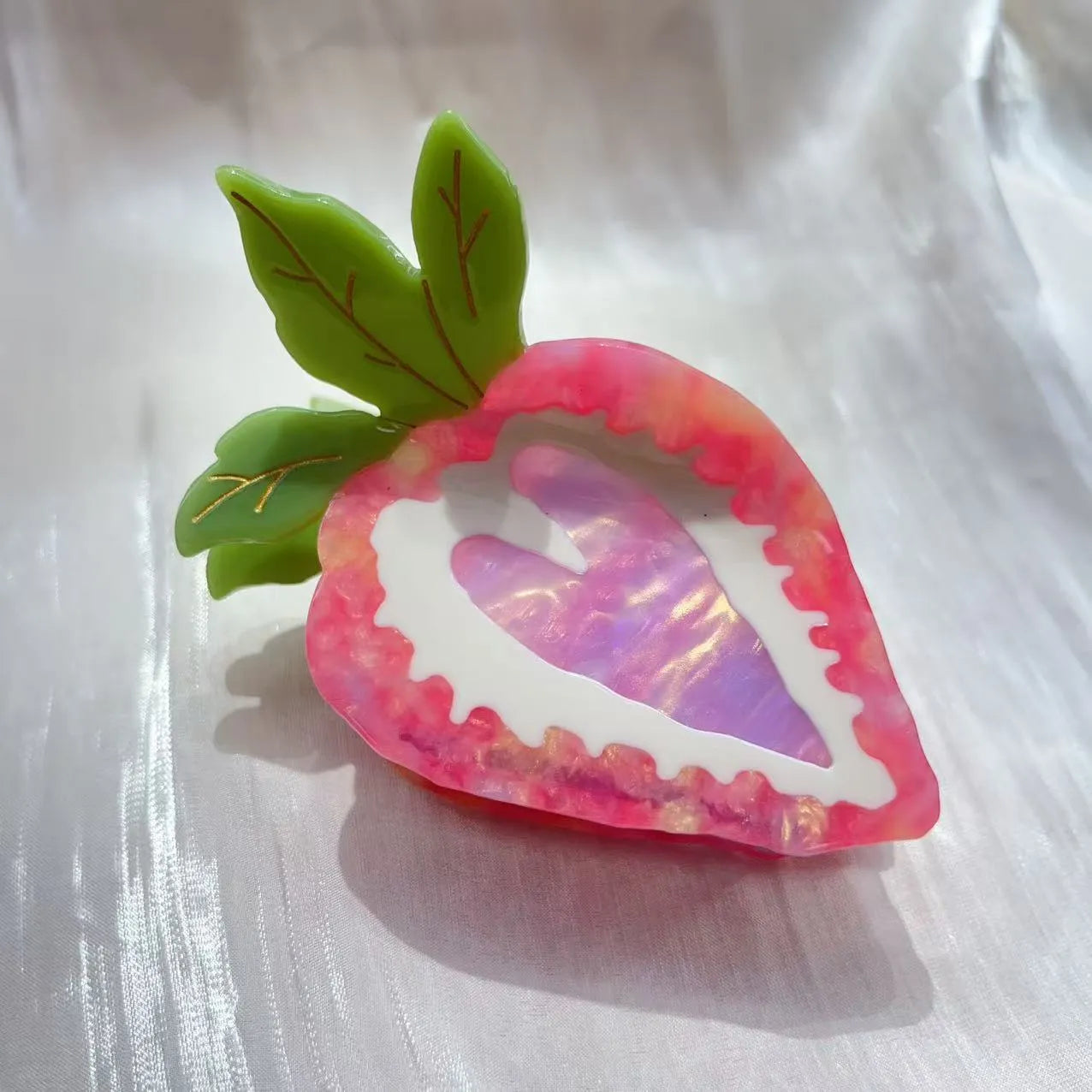 Handmade strawberry design hairpin for girls, shown in red and pink colour options.