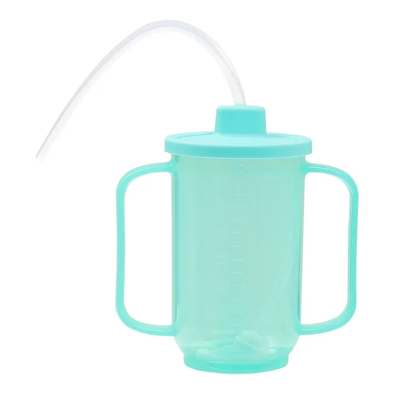 Oblique mouth choke proof cup with optional wrist splint for elderly bed drinking safety
