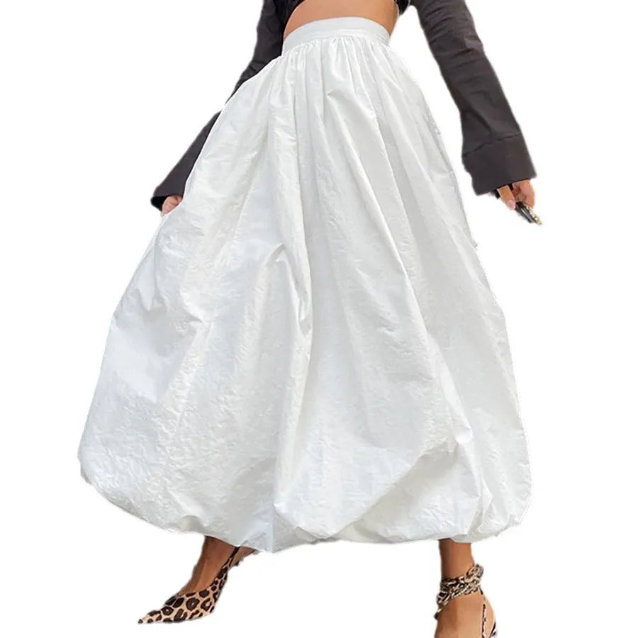 Women's long cotton skirt with elastic waistband in white or black solid colours